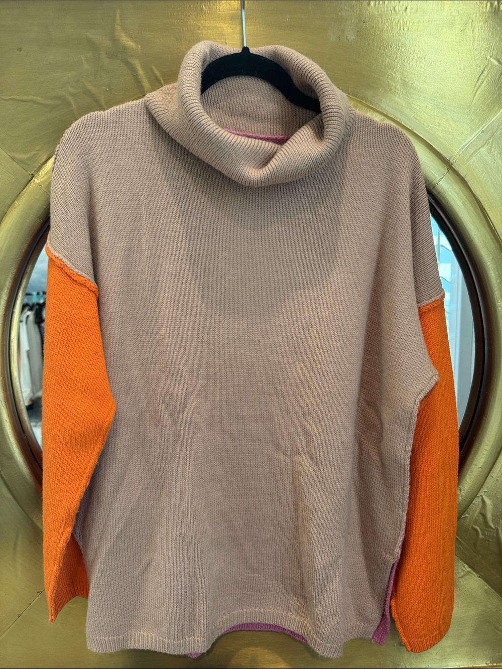 Amazon Colorblock Cowl Turtleneck Sweater - Beige, Orange and Pink
